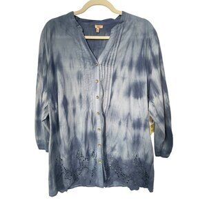 Reba Studded Button Front Chambray Shirt Womens 1X Pintuck Tie Dye Lace Boho NEW
